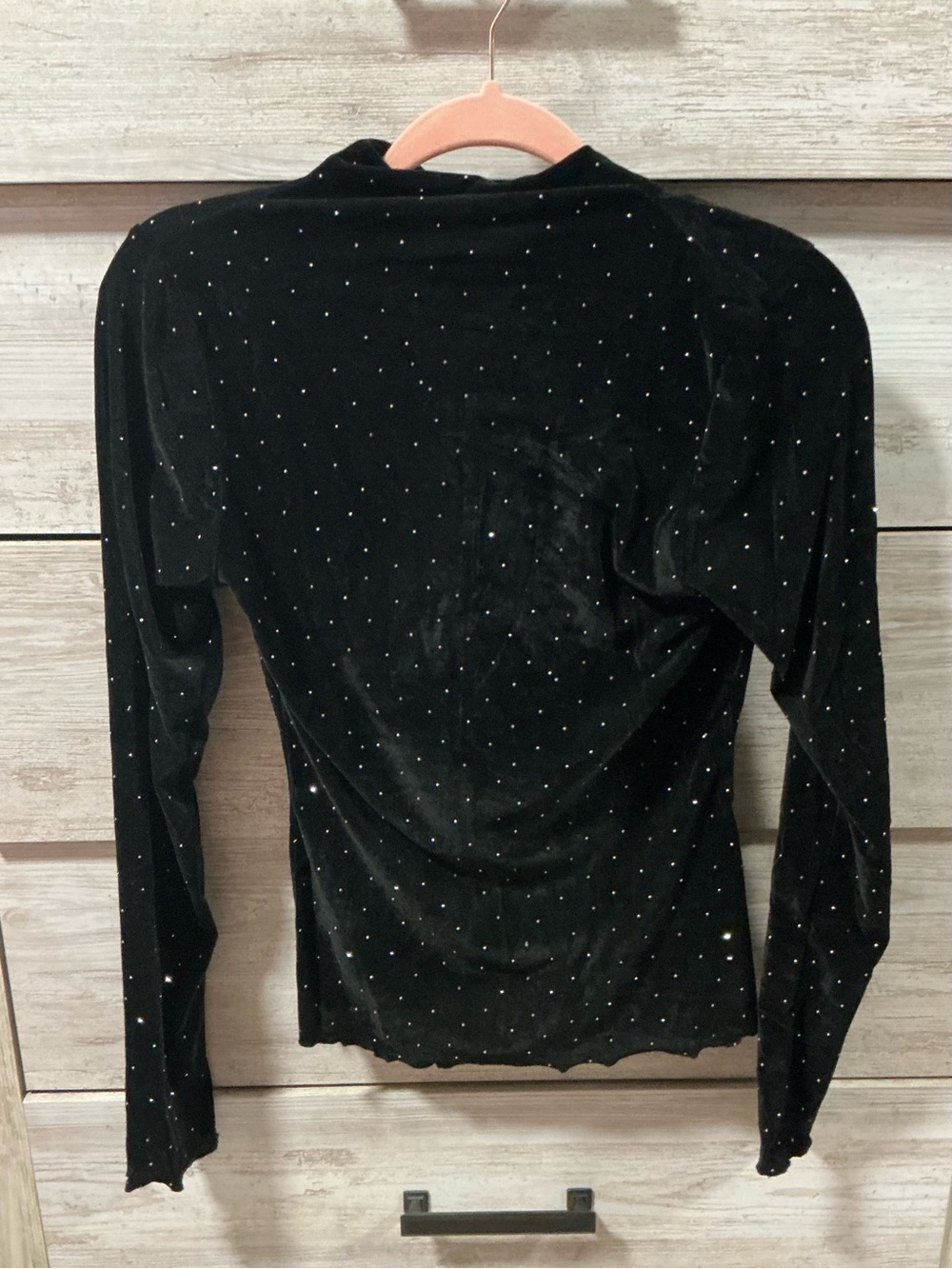 Black Velvet Long-Sleeve Top with Rhinestone Dots